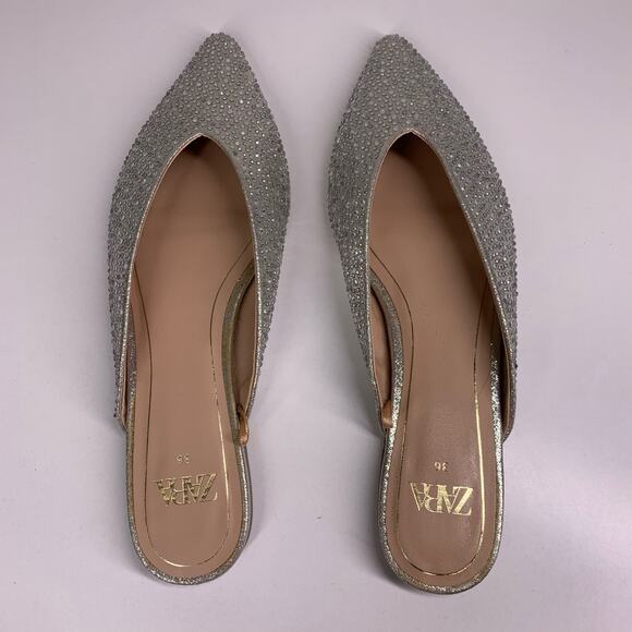 ZARA Metallic‎ Silver Rhinestone Embellished Pointed Toe Mule Flats Size 36 - Picture 7 of 11
